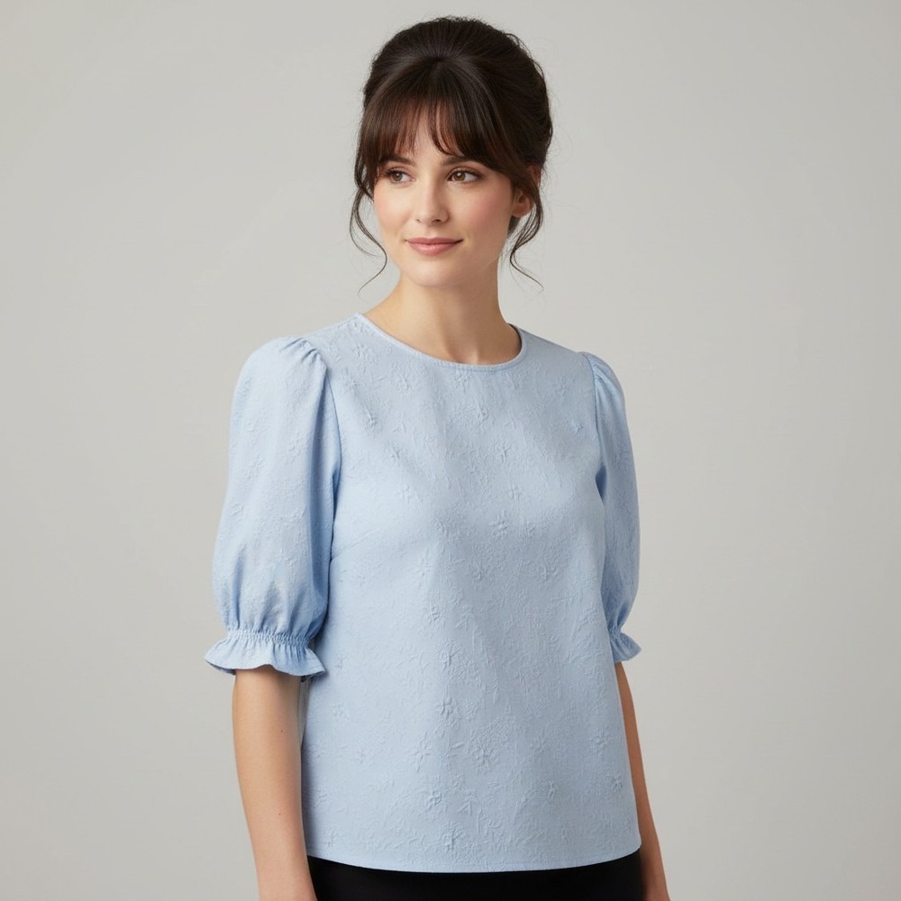 Ted Baker Light Blue Floral Jacquard Puff Sleeve Blouse XL Office Career